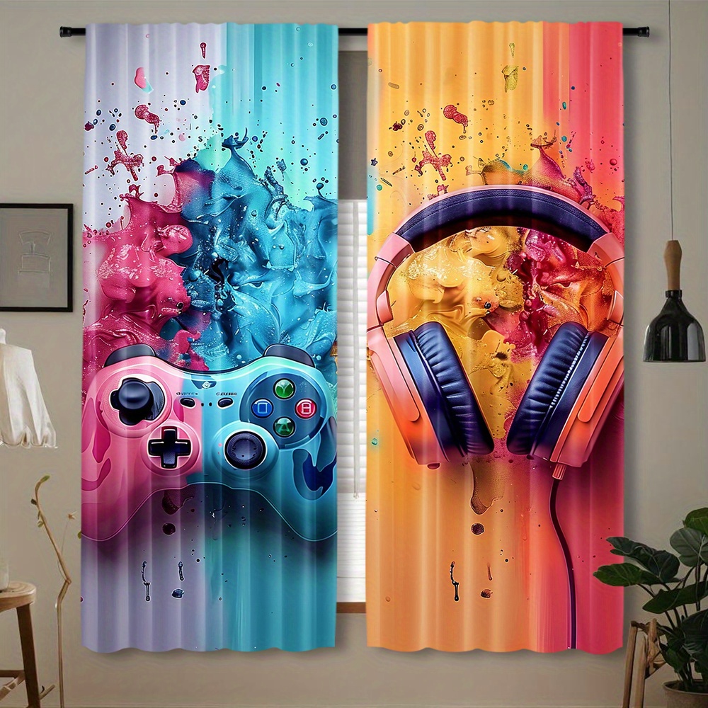Esports Gaming Youtube - Gaming Controller Curtains, Colorful Headphone Print